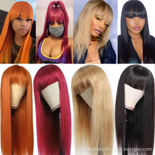 Hot selling Orange brown Burgundy black16~28 inches Straight Wig With Bang Brazilian Remy Human Hair Wig  Full Machine Made Wig